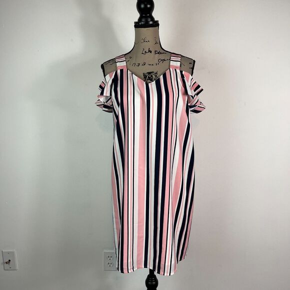 Skies Are Blue NWOT Pink Medium Striped off-the-shoulder Mini Dress Size M - Picture 1 of 4
